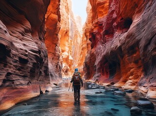 hiker in canyon in the river