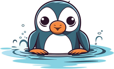 Cute penguin swimming in the water. Vector cartoon illustration.