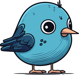Cute cartoon blue bird isolated on white background. Vector illustration.