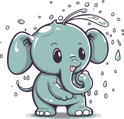 Cute cartoon elephant with rain drops. Vector illustration isolated on white background.