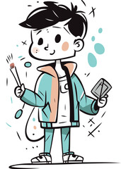 Fototapeta premium Cute little boy with paintbrush and palette. Vector illustration.