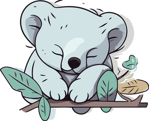Cute koala sleeping on a branch. vector cartoon illustration.