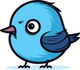 Cute cartoon blue bird isolated on white background. Vector illustration.