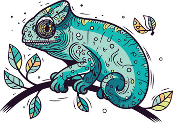 Chameleon on a branch with leaves. Colored vector illustration in doodle style.