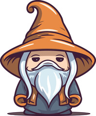 Cartoon wizard in a hat with a beard. Vector illustration.