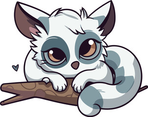 Cute cartoon cat sitting on a tree branch. Vector illustration.