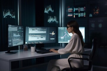 Financial analyst woman working in front of computer displays. Female trader following stock market evolution. Generate ai