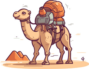 Camel with a backpack on his back. Cartoon vector illustration. - obrazy, fototapety, plakaty
