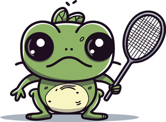 Frog Tennis Racket Cartoon Mascot Character Vector Illustration