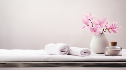 A spa-like setting with a vase of pink flowers, a rolled up white towel, and a small jar with a cork lid. The background is a light pink wall.