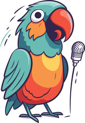 Parrot singing karaoke. Vector illustration in cartoon style.