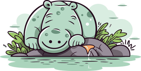 Cute hippopotamus sitting on the rock. Vector illustration.