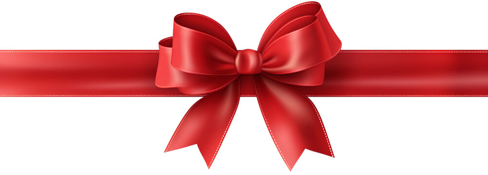 Beautiful Christmas holiday red bow with horizontal ribbon isolated on transparent background cutout PNG