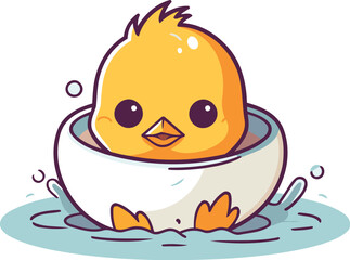 Cute little yellow chicken in a bowl of water. Vector illustration.