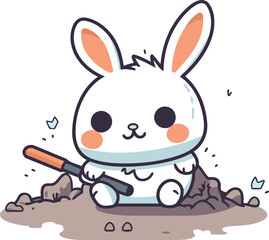 Cute rabbit with a shovel in the ground. Vector illustration.