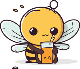 Cute bee character holding a glass of juice. Vector illustration.