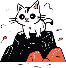 Cute cartoon cat sitting on the top of a rock. Vector illustration.