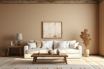 Fototapeta na wymiar cozy living room with rustic wooden furniture and sofa