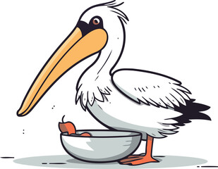 Pelican eating food from bowl. Vector illustration in cartoon style.