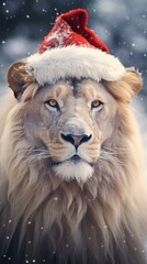 Close-up portrait of a lion with a Santa Claus hat, snow blowing.