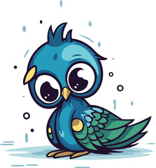 Cute cartoon blue bird isolated on white background. Vector illustration.