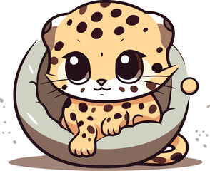 Cute cartoon baby leopard sitting in a bowl. Vector illustration.