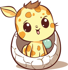 Cute cartoon baby giraffe in the egg. Vector illustration.