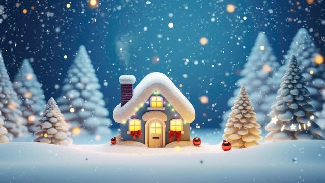 Christmas decorations with snowfall and small houses decorated with Christmas trees. with cartoon style.  seamless looping time-lapse virtual video animation background.