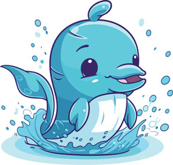 Cute cartoon blue whale swimming in the water. Vector illustration.