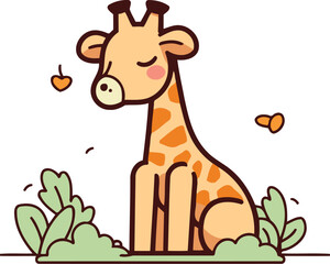 Vector illustration of cute giraffe sitting on grass. Flat style.