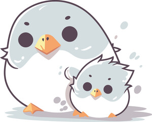 Cute penguin and chick. Vector illustration on white background.