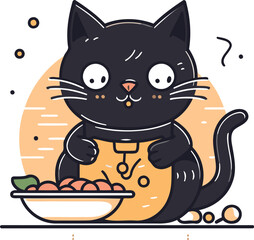 Cute black cat with a bowl of food. Vector illustration.