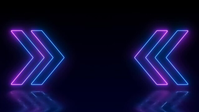 Blue neon frame with arrows, empty space, ultraviolet light, 80's retro style, fashion show stage, abstract background, illuminate frame design. Abstract cosmic vibrant arrow backdrop with wet floor