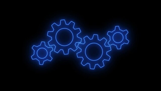 Neon animation of four gears mechanism on black background. Gear rotation, mechanism with neon glow, clutch mechanics, settings animation concept. Vibrant cogs animation loop