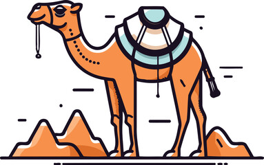 Camel in the desert. Vector illustration in thin line style.