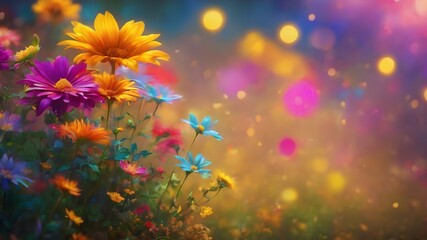 Fototapeta na wymiar Colorful flower arrangements in a colored bokeh background