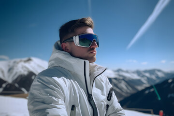 Fototapeta na wymiar Man in a ski suit and sunglasses on the background of a snowy mountain