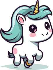 Cute cartoon unicorn running isolated on white background. Vector illustration.
