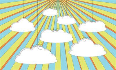 Groovy background with white clouds hanging on the ropes and yellow-orange rays of the Sun