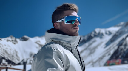 Fototapeta na wymiar Man in a ski suit and sunglasses on the background of a snowy mountain