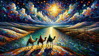 Guided by the Brilliant Colored Bethlehem Star: The Journey of The Three Wise Men - obrazy, fototapety, plakaty