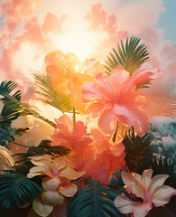 Fototapeta na wymiar exotic abstract flowers, clouds and palm leaves with double exposure