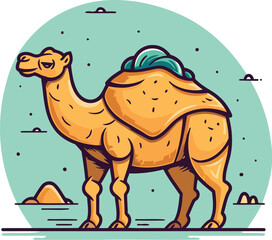 Camel vector illustration in flat style. Cute camel standing on the sand.