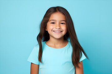 Portrait of a Cute and Innocent Fictional Little Girl Smiling. Joyful Facial Expression, Isolated on a Plain Colored Background. Generative AI.