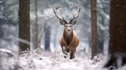 Noble deer male standing at edge of woods in snow forest. Winter Christmas image.