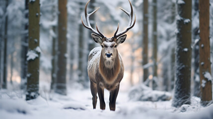 Noble deer male standing at edge of woods in snow forest. Winter Christmas image.