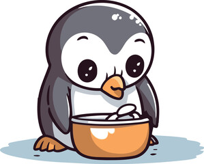Cute penguin with a bowl of soup. Vector illustration.