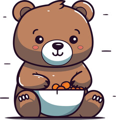 Cute cartoon bear with bowl of food. Vector illustration for your design