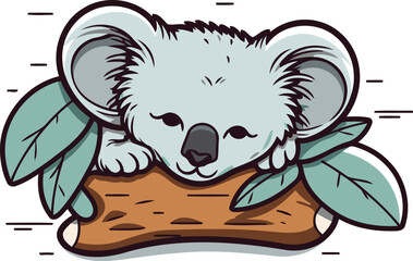 Cute koala with leaves on the log. Vector illustration.