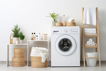 Interior of home laundry room with modern washing machine. Generative AI